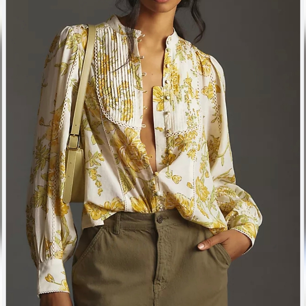 By Anthropologie Long-Sleeve Floral Button-down Peasant Blouse Size L